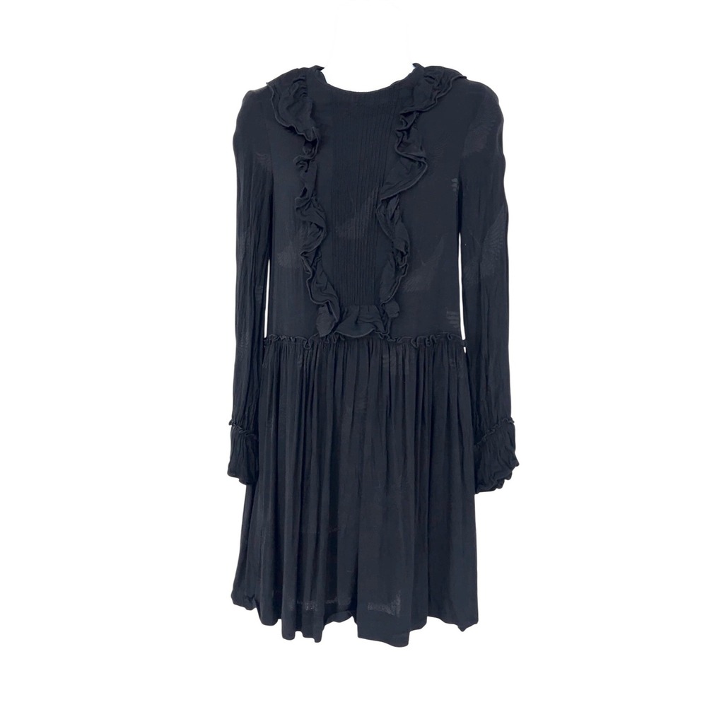 Sandro Paris Black Jacquard Crane Bird Ruffle Mini Dress Size 1